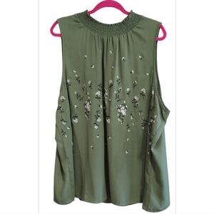 Chenault Olive Green Floral Embroidered Sleeveless Blouse Size 3X